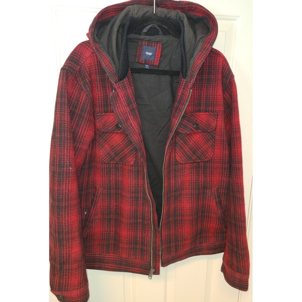 Vtg GAP DENIM Flannel Lined Zipper Jacket Men's Lg Red Plaid Hoodie Lumberjack‎